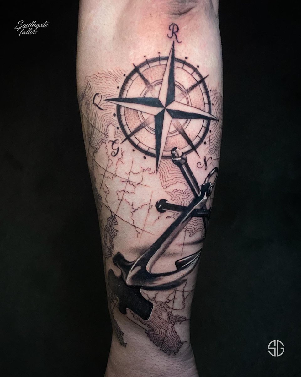 Compass and Anchor • part of the ongoing full realistic sleeve by our  resident @cat_vaska116 Vas has limited spaces in July. Books/info in our  Bio: @southgatetattoo • • • #anchor #compass #, image size:960x1200