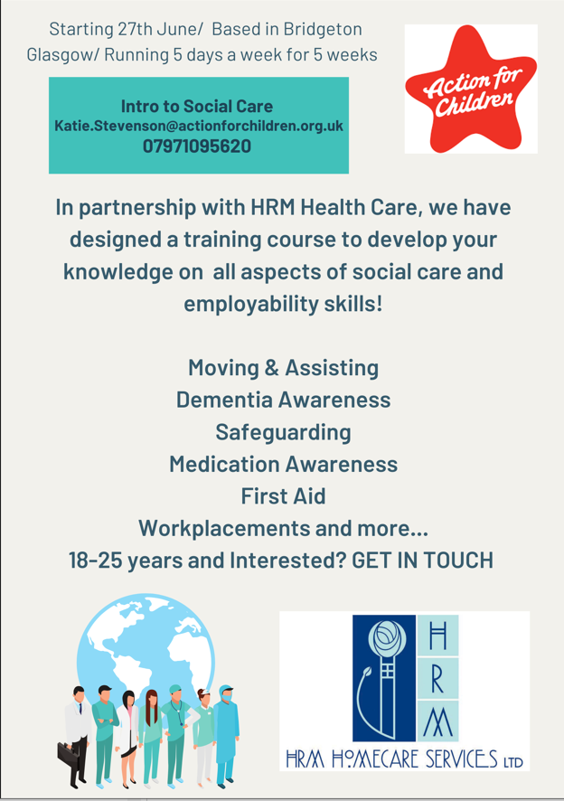 Just a few spaces remaining on our next Intro to Social Care course starting in Glasgow on 27 June.  This is a great opportunity for participants to develop a range of knowledge and skills to begin their career in the care sector.  See poster below for details on how to apply ⬇️