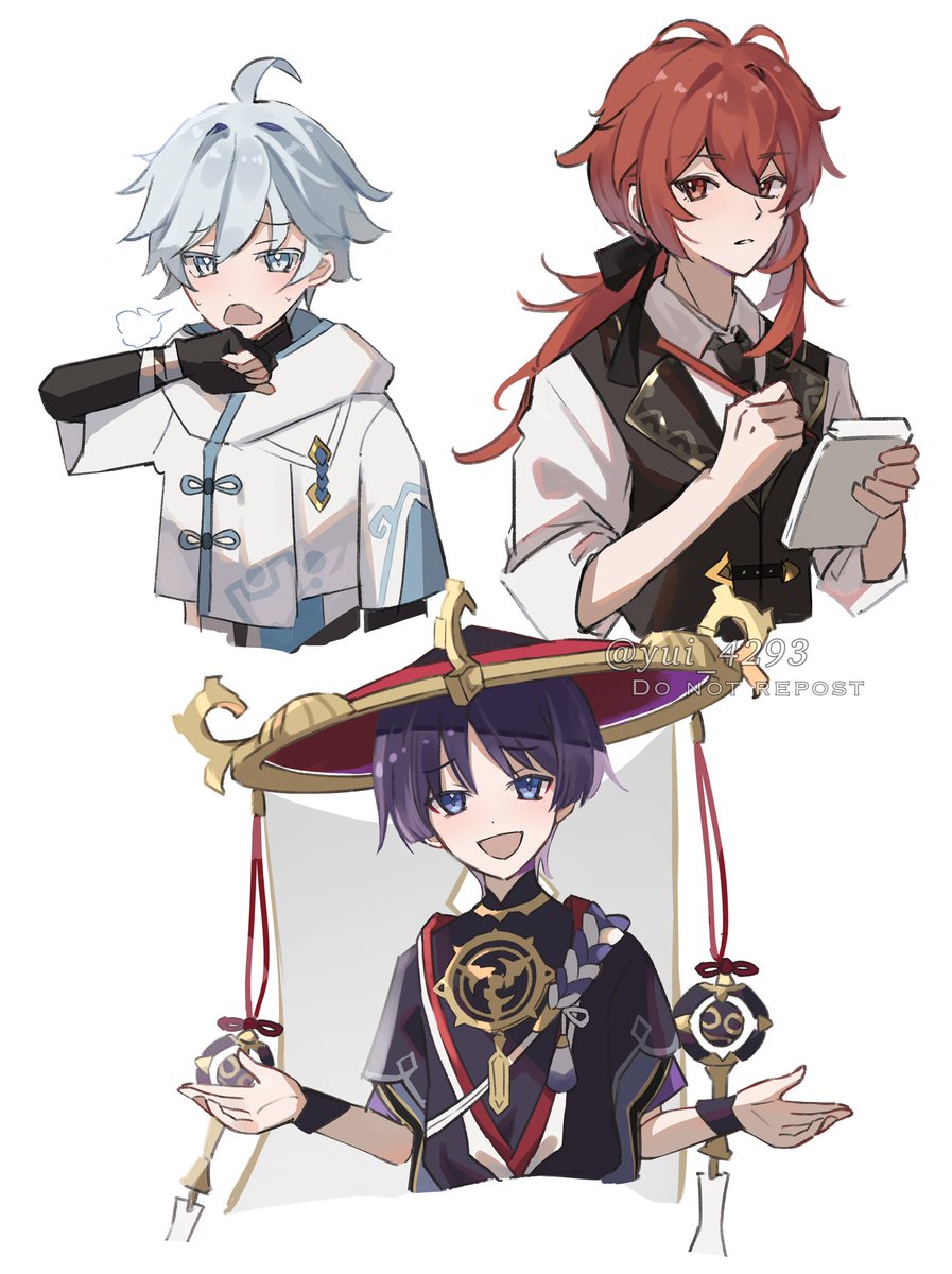 scaramouche (genshin impact) red hair male focus multiple boys hat bangs vest open mouth  illustration images