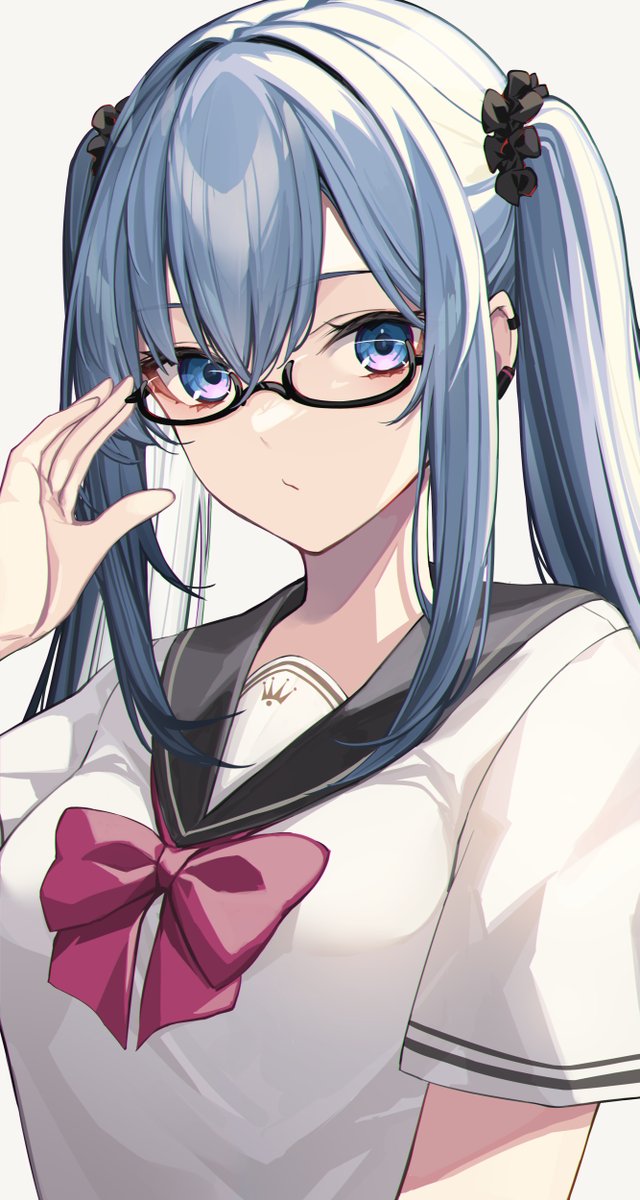 1girl solo twintails glasses blue eyes school uniform blue hair  illustration images