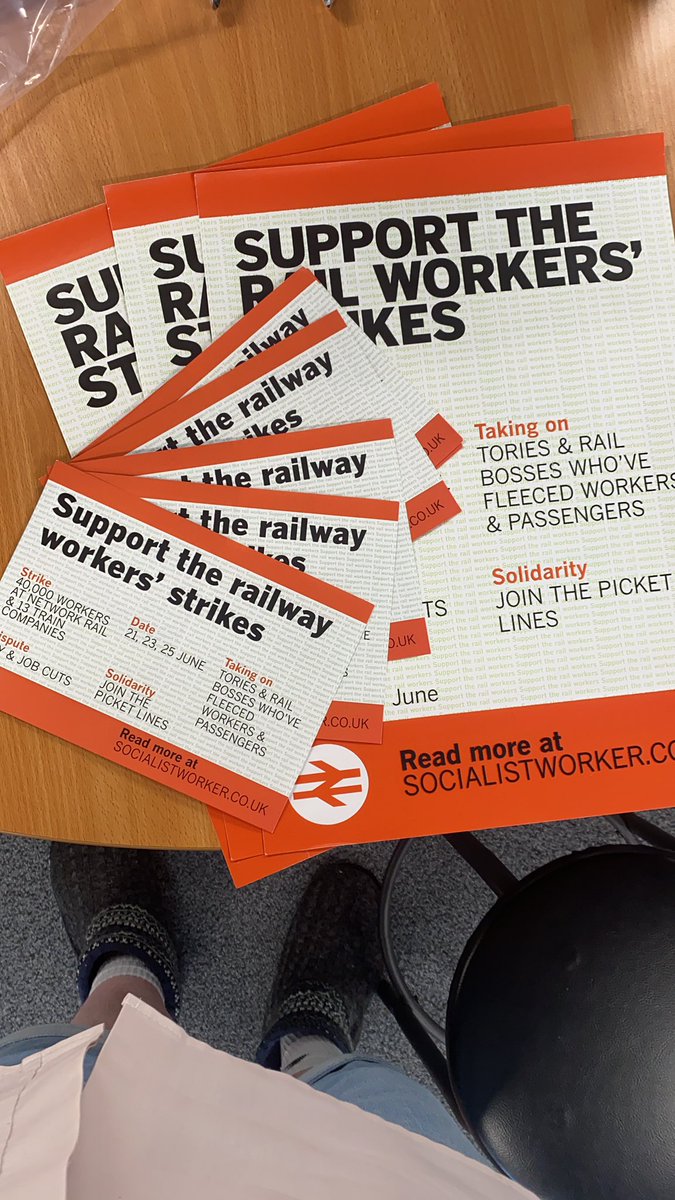 tengely_evans's tweet photo. Our new “Support the rail workers’ strikes” leaflets and posters are in! I had fun with this design. 

Join the @RMTunion picket lines on 21, 23 and 25 June. 
#RailStrikes #ToriesOut https://t.co/bHYjxHbEk4