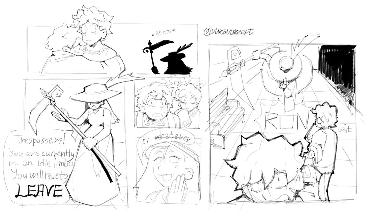 / c!tommy hurt death exile

i had this idea for a ghostbur comic where the goddes of death finds him and makes him her apprentice/helper, but i got lazy so i only sketched like three pages. 