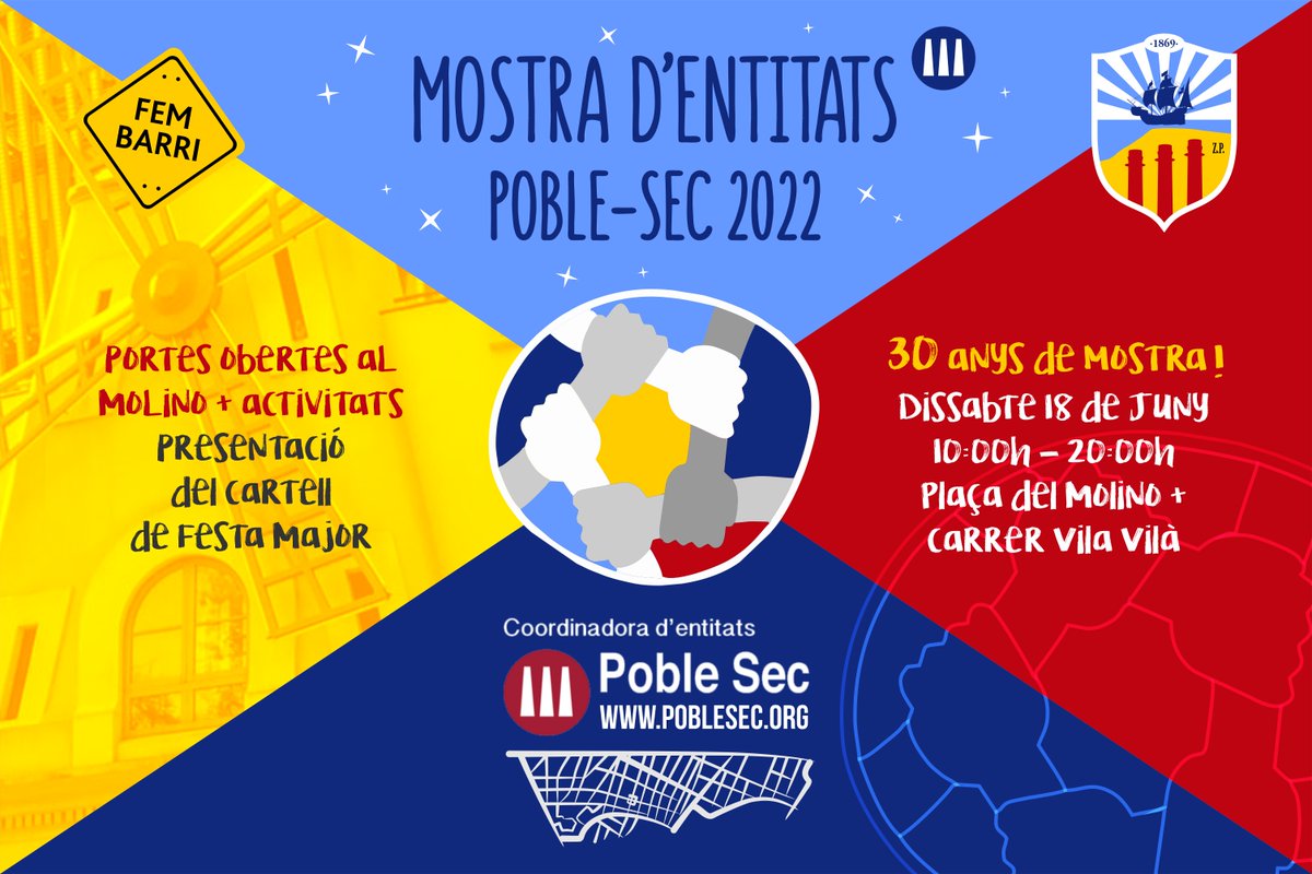 30 anys de la Mostra d'Entitats! El proper dissabte 18 de 10h a 20h a la plaça del Molino trobada d'entitats Poble-sequines, actes i portes obertes al Molino, presentació del cartell de Festa Major 2022 i alguna sorpresa més... 😎🅾️🅿️💙 #MostraEntitats #Poblesec #OrgullPoblesequi
