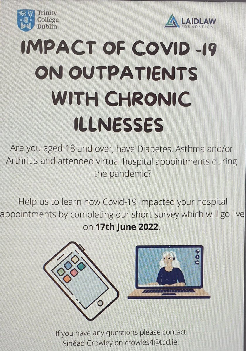 Delighted to share for Sinéad Crowley, Laidlaw Scholarship student undertaking this project over the summer. Survey goes live 17.06.22 @TCD_SNM @tcddublin @TCPHI_TCD @DMHospitalGroup @AsthmaIreland @Diabetes_ie @Arthritisie @barry_mcbrien @OrnaFennelly @ImeldaCoyne @tcddublinscss
