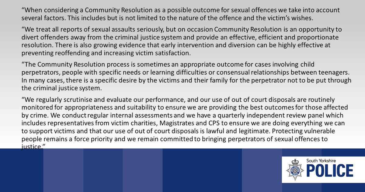 syptweet's tweet photo. Hi, we have a full statement you can read below and on our website: https://t.co/X000aclPzr
Of the offences where Community Resolution was used, none were for rape. Thanks https://t.co/oYiQMXnIoG