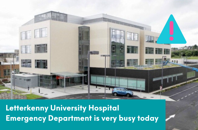 HSE_West_NWest's tweet photo. ⚠️Significant wait times at the Emergency Department in Letterkenny University Hospital

🔴224 people attended the ED over the weekend 
🔴14 patients on trolleys
🔴8 in-patients in Day Services
🔴18 patients with #COVID19
🔴some elective procedures are postponed https://t.co/jYZA5HpJA0