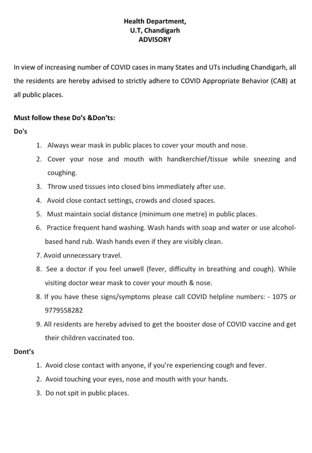 timesofindia's tweet image. #COVID19 | #Chandigarh Administration issues new advisory in view of increasing #corona cases
