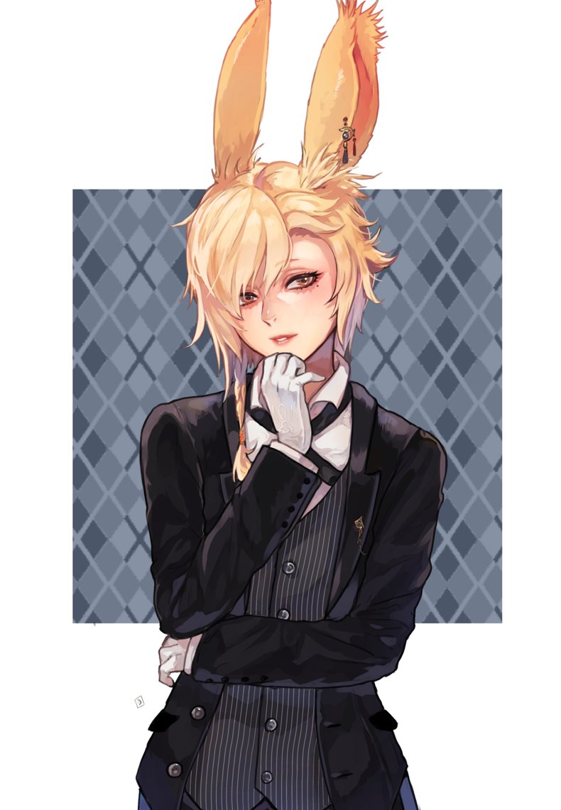 avatar (ff14) animal ears rabbit ears viera blonde hair solo gloves white gloves  illustration images