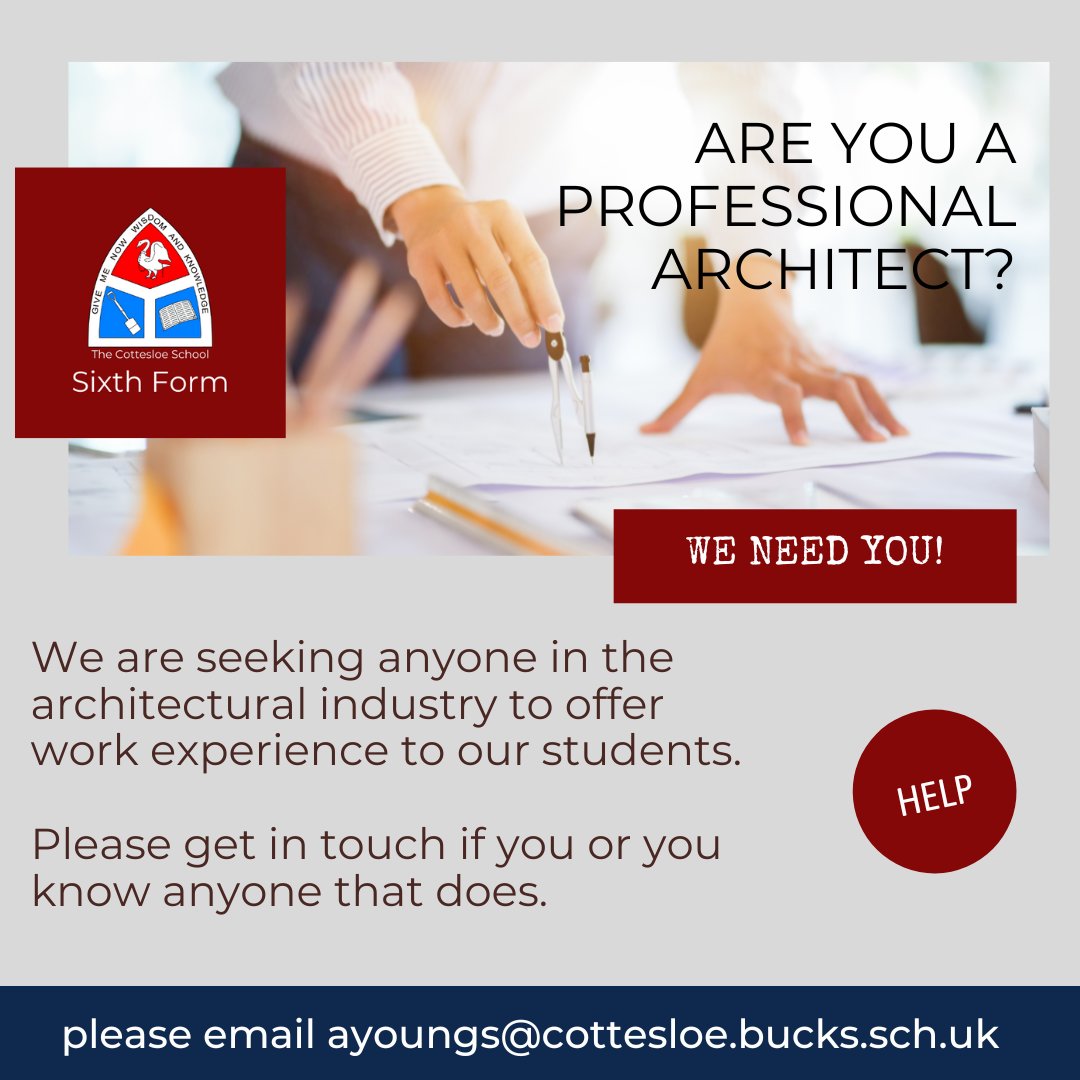 TCSSixthform's tweet photo. We are seeking anyone in the architectural industry to offer work experience to our students.
Please get in touch if you or you know anyone that does.
#artictecture #artictect #artictects #artictectural  #workexperience #workexperienceuk  #TheCottesloeSchool https://t.co/raZrcdHhlo