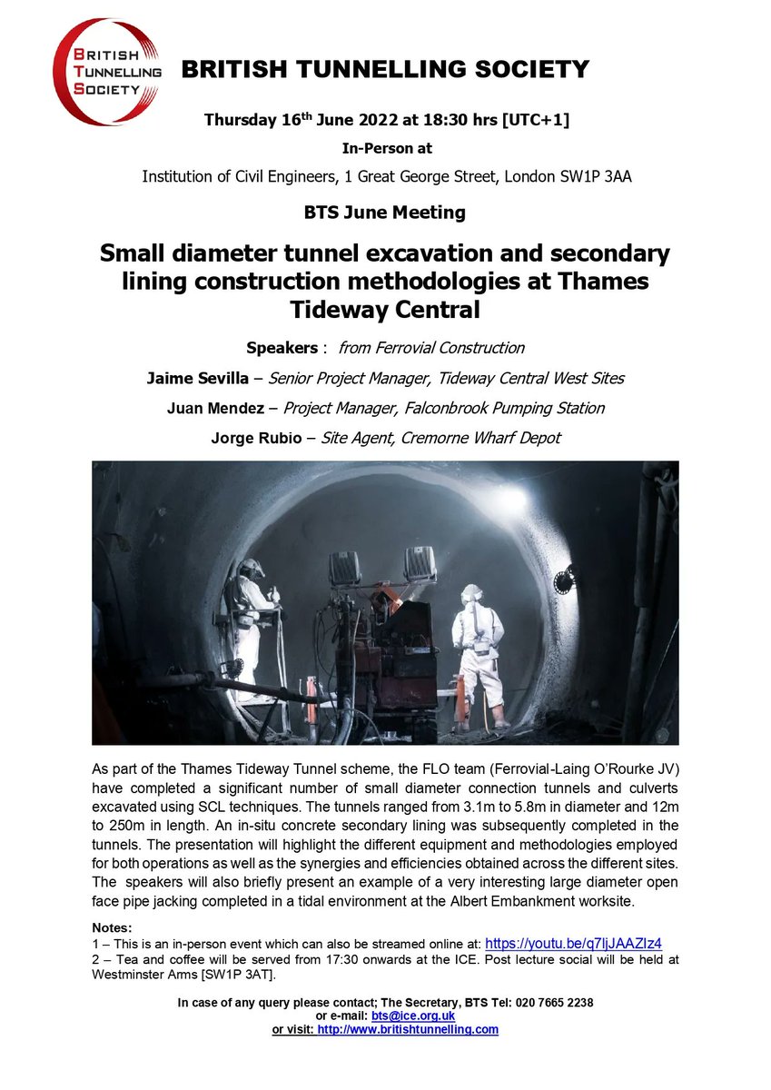 On Thursday, 16th of June 2022, Jaime Sevilla, Juan Mendez, and Jorge Rubio from Ferrovial Construction will give us a lecture on their unique experiences in small-diameter connection tunnels and culverts excavated using SCL techniques.

Online at: buff.ly/3N09ozT

#BTSYM