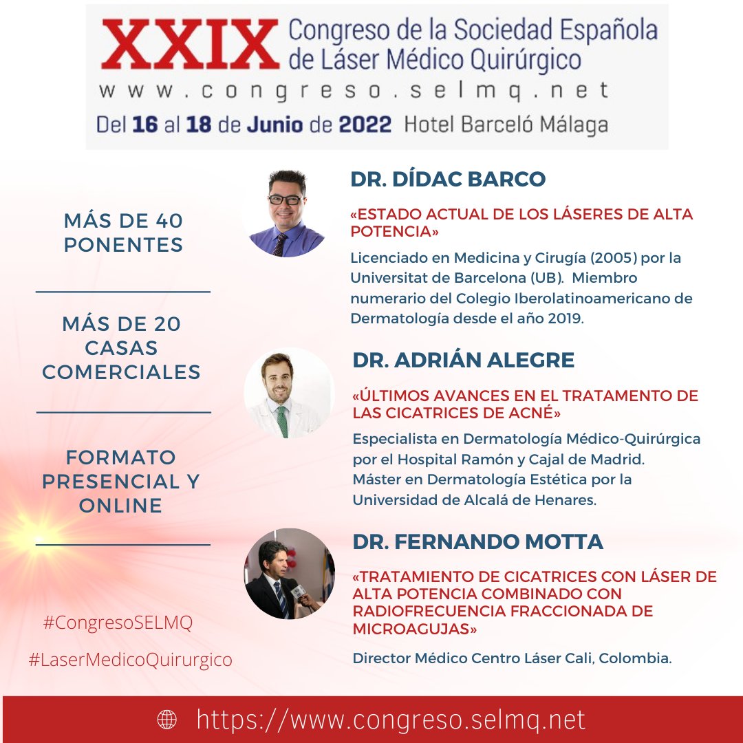 SelmqLaser's tweet photo. Una semana para el inicio del «XXIX Congreso de la Sociedad Española de #LaserMedicoQuirurgico», en #Málaga (16-18 de junio)
🔵Más de 40 ponentes de prestigio internacional
🔵Más de 20 casas comerciales
Inscripciones: https://t.co/GlqsQpuPEv
#lasermedico #laser #medicinaestetica https://t.co/wyqvb5SGAl