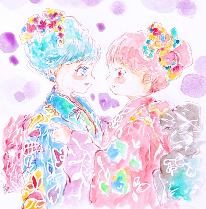ミニキャラ落書き🐈♡
#イラスト #透明水彩 #紫色は赤紫蘇 #art #illustration #watercolour 