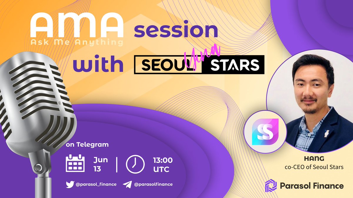 AMA session with <a href="/SeoulStarsNFT/">Seoul Stars</a> begin in 2 hours. 13:00 UTC on Parasol Telegram! 

🎁 Special #Giveaway of 1x NFT &amp; 5x WL for the best question! 

➡️ Join #AMA: t.me/parasolfinance…

#AMA #Giveaways #Solana #Cryptocrash