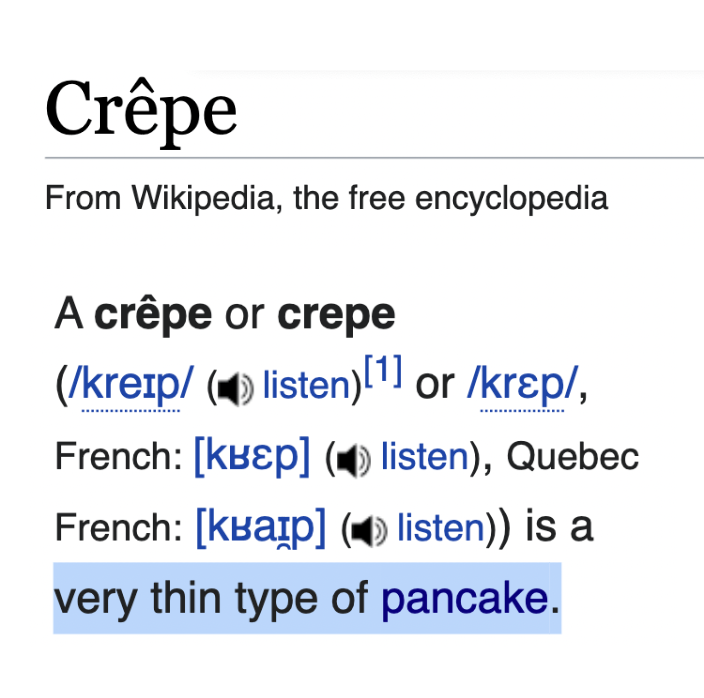 Wikipedia in English defines a crêpe as a thin pancake; French Wikipeda defines a pancake as a thick crêpe