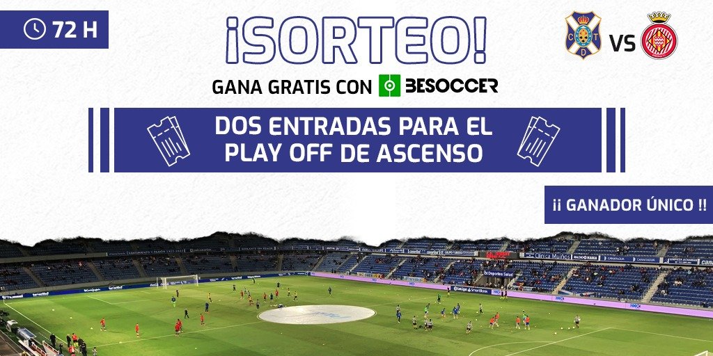 🎁NUEVO SORTEO🎁

Consigue 2 entradas para el PLAY OFF de Ascenso de <a href="/CDTOficial/">CD Tenerife 🏴󠁧󠁢󠁳󠁣󠁴󠁿</a> vs <a href="/GironaFC/">Girona FC</a> 
 
¡Ganador único!

Pasos 📌
1. Síguenos en: @BeSoccer_ES y <a href="/BeSoccerTeam/">Team BeSoccer</a> 
2. RT
3. Menciona a 2 amigos

Límite 72h ⏳

¡Suerte!🍀

#sorteo