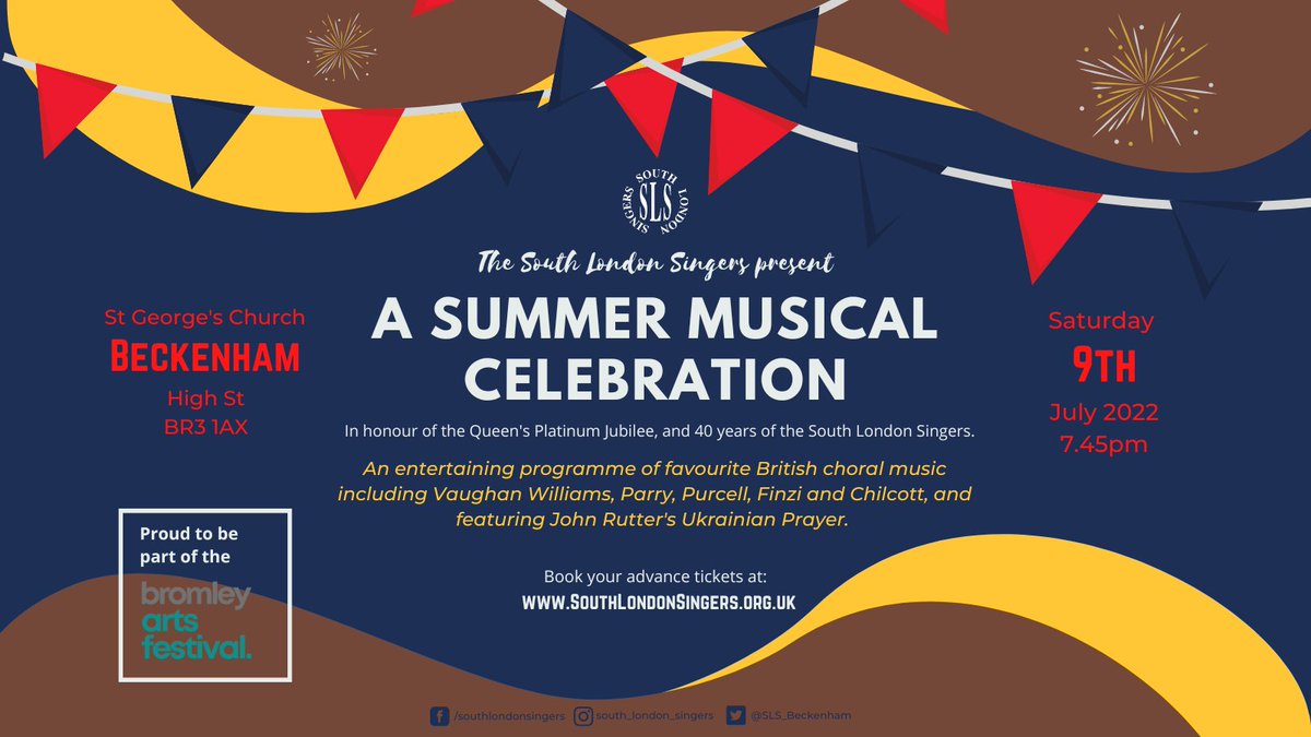 ✨It's the Summer to Celebrate!✨ Join us for an entertaining evening of British choral favourites in honour of the Queen's Jubilee &amp; the choir's 40th Anniversary.

Part of the <a href="/BromleyArtsFest/">Bromley Arts Festival</a> &amp; tickets available now from southlondonsingers.org.uk.

#choir #concert #jubilee