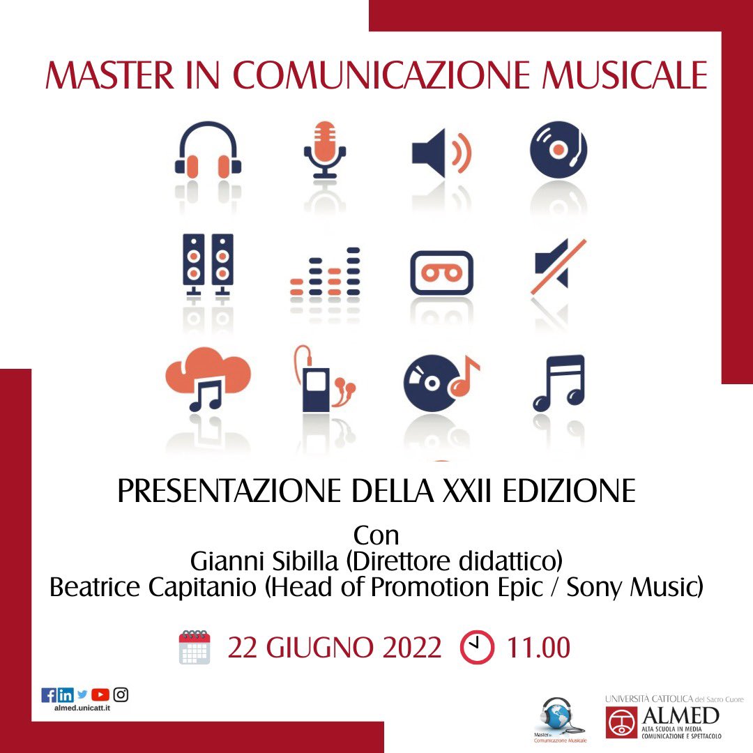 MasterMusica's tweet photo. #OpenWeekUnicatt
Mercoledì 22 giugno un incontro per conoscere l’offerta didattica della XXII edizione del #MasterMusica con @giannisibilla (Direttore didattico del Master) e la nostra ex studentessa @Beatrice_Cap (Head of Promotion at Epic / @SonyMusicItaly). https://t.co/jE6Y5iqrBk