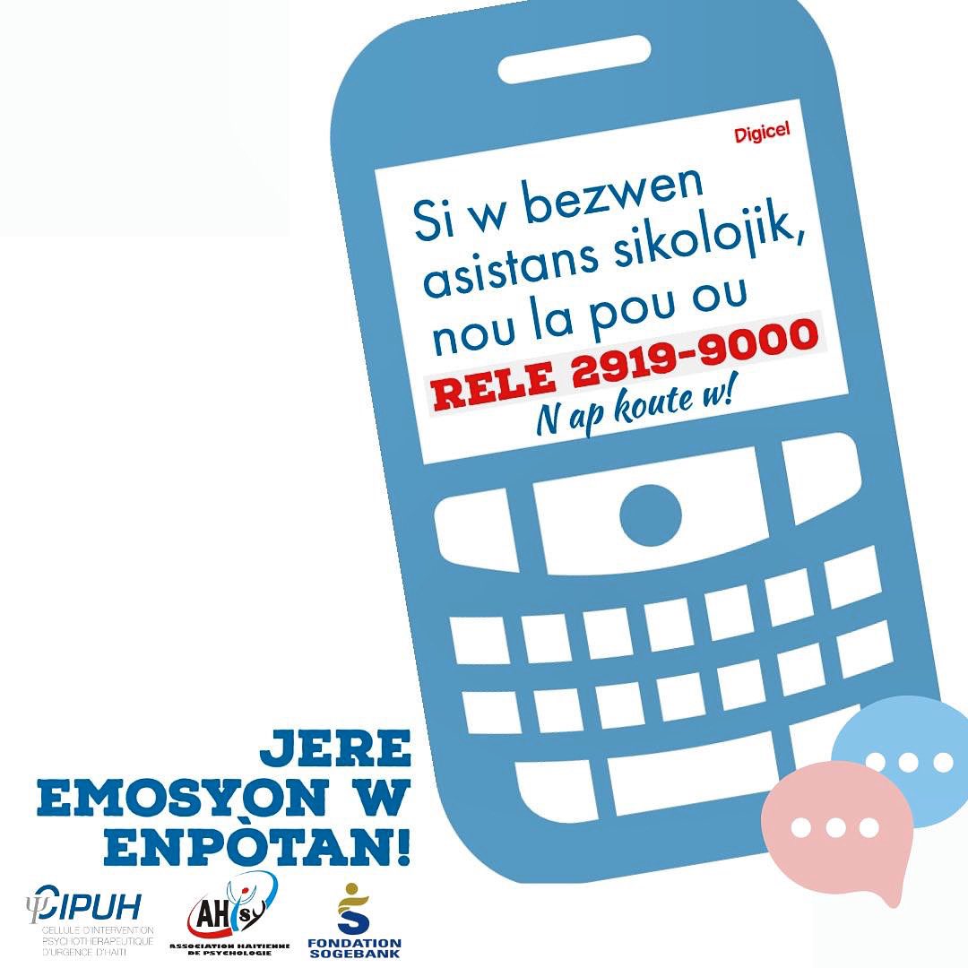 kasikayiti's tweet photo. Asistans Sikolojik gratis. Rele n'ap koute'w. Yon sèvis AHPsy pote pou ou depi plis ke 2 lane sèlil ijans CIPUH.  Nou louvri lendi rive dimanch.  Pataje enfòmasyon sa yo ak moun ki pa gen whatsapp tanpri! #cipuhaiti https://t.co/rhFAuWGlmY
