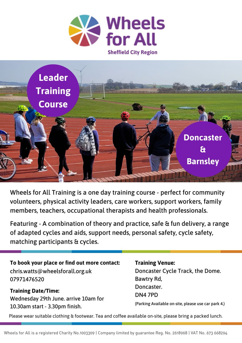 WFASheffieldCR's tweet photo. Would you like to volunteer at our Doncaster or Barnsley Centres? If Yes we have some great news! We have a Wheels for All Leader Training Course on 29th June in Doncaster, to book your place or find out more contact chris.watts@wheelsforall.org.uk or 07971476520 #weridetogether https://t.co/0NJxUuElX0