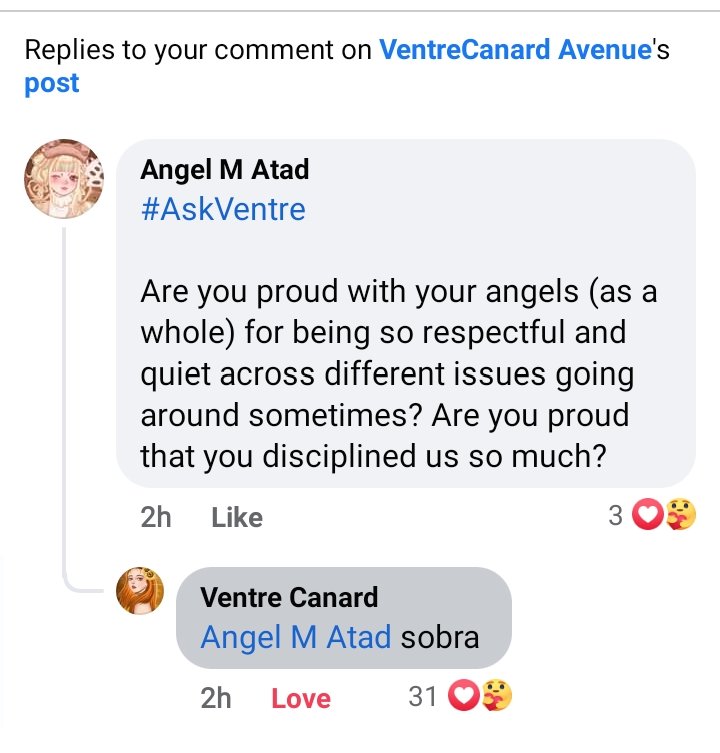 Zel103's tweet photo. This is during Kap's #AskVentre on Facebook. 

Admit it, isa ang VCA sa mga fandom na tahimik at hindi na i-involve sa mga issues going around because Kap and her admins are always reminding us to be quiet and respectful. Disciplined fandom, indeed💛🌻

@VentreCanard_Wp https://t.co/BL7lwLzio9