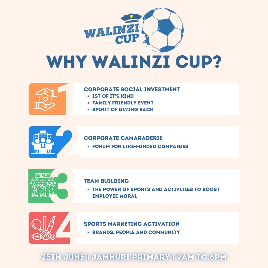WalinziCup's tweet photo. Walinzi Cup Tournament offers an avenue to bridge social engagement between corporates and employees. Register your security company &amp; join us on 25th June at Jamhuri Primary to celebrate our #Askaris for their relentless sacrifice for our safety #football #GRIT #corporategames https://t.co/9ra7LiDFSA