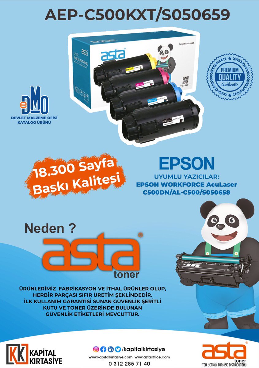 EPSON AEP-C500KXT/CXT/YXT/MXT  

Asta Renkli Toner seti 18.300 SYF  Baskı Sayısına ulaşmaktadır. 

Ürünlerimiz Fabrikasyon ve ithal ürünler olup , Herbir parçası sıfır üretim şeklindedir. İlk kullanım garantisi sunan güvenlik şeridi bulunmaktadır.