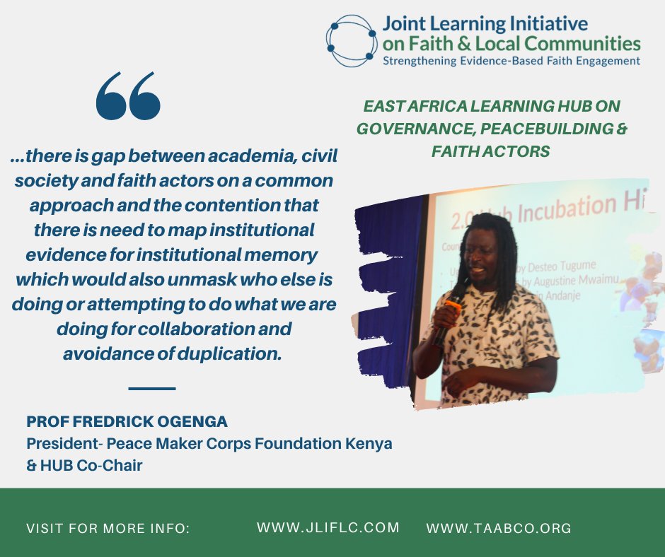 TAABCO's tweet photo. Prof Ogenga, @JLIFLC East Africa Hub Co-Chair, revealed that there was a gap between #academia, #civil society and #faith actors on a common approach and the contention that there is need for institutional mapping to unmask what each #peace stakeholder is doing in the region. https://t.co/ciG3jShrg2