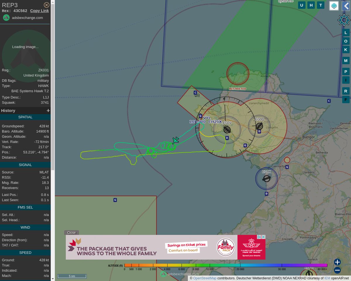 Radar_Assistant's tweet image. MULTI ADSBX MANOEUVRING ALERT : At time Mon Jun 13 12:04:43 2022 #REP3     was likely to be manoeuvring at FL134 16nm from VYL Valley_TACAN_GB
 near unknown - geo locator service failed #AvGeek #ADSB globe.adsbexchange.com/?icao=43C562&amp;amp;z…