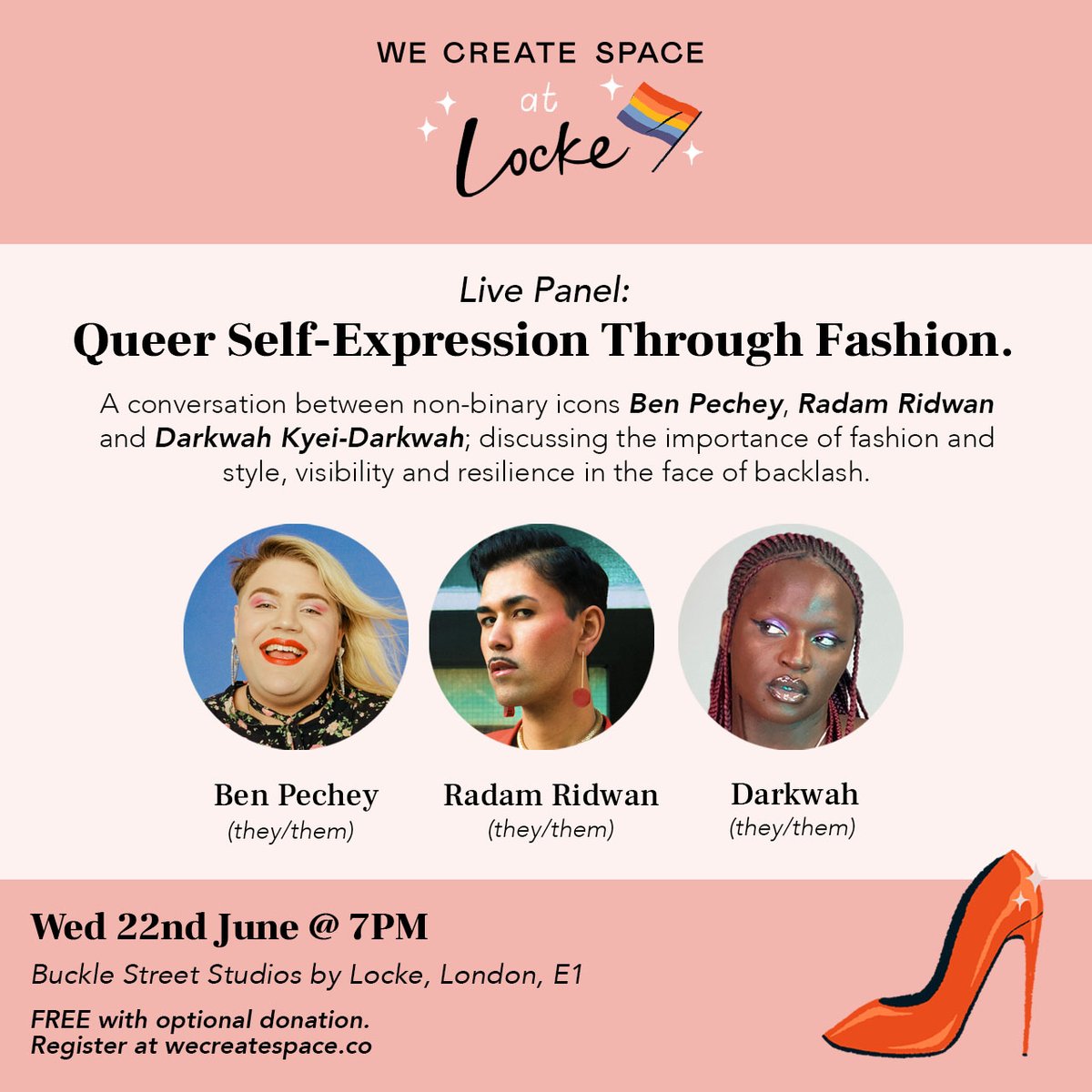 Have you signed up for our next Pride event at Locke yet? 🏳️‍🌈🏳️‍⚧️ Join us for a panel between non-binary icons: @hausofdarkwah, @radamridwan and @ben_pechey, exploring how personal style can help us create deeper understanding of our identities.