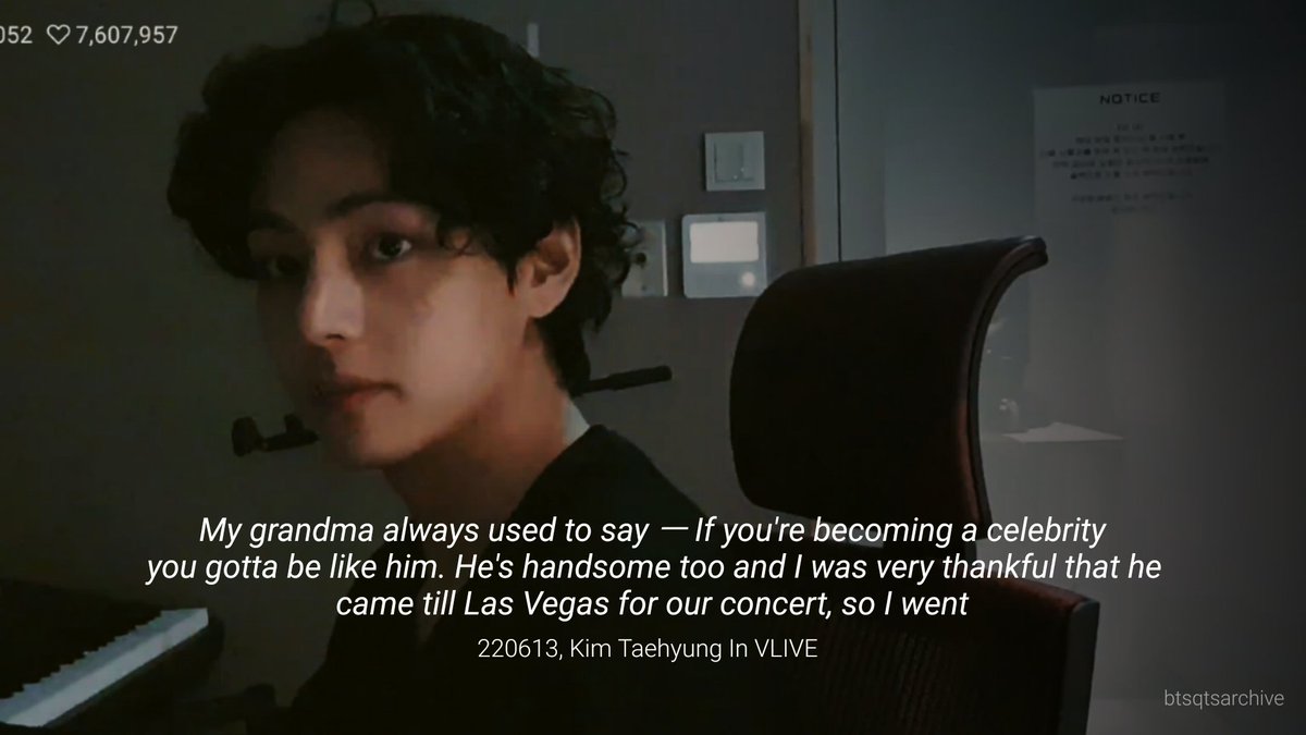 wangteaco's tweet photo. "My grandma always used to say ㅡ If you're becoming a celebrity you gotta be like him. He's handsome too and I was very thankful that he came till Las Vegas for our concert, so I went" ㅡ 220613, Kim Taehyung In VLIVE https://t.co/c2wYD7GVhf