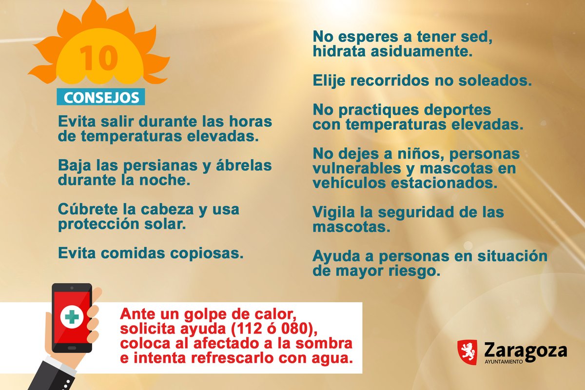 zaragoza_es's tweet photo. ⚠️ 🥵 Activamos alerta naranja del Plan Municipal de Emergencias ante la ola de calor 14-17JUN. Intensificamos servicios municipales que coordinan la detección de personas en riesgo. 
🙏 Protege del sol y el calor a los más vulnerables.
Más info > https://t.co/edCft1fHdE https://t.co/HDQEhUTqgV