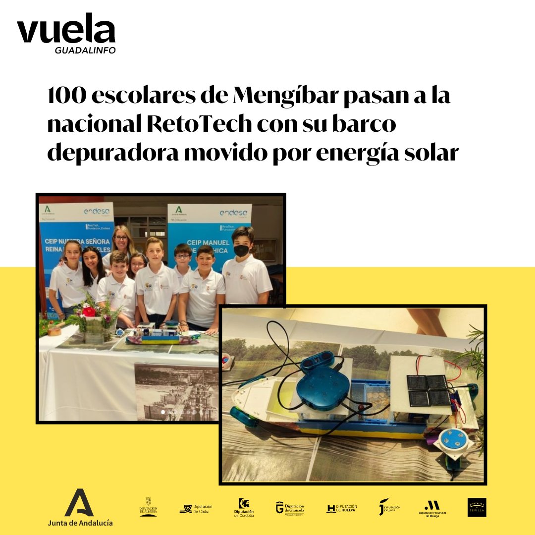 PuntosVuela's tweet photo. ¡Equipazo y súper proyecto! Estudiantes de #Mengíbar #Jaén diseñan un barco depuradora #3D movido por #energíasolar para la nacional #RetoTech con #VuelaGuadalinfo 👩💻🌿 #Enelblog #Pueblosdigitales llenos de cultura #maker #sostenibilidad y #talento 😍👉 https://t.co/DlYAgmeyKk https://t.co/i6jD9UdjKm