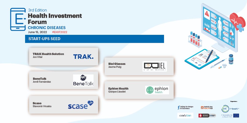 BCNHealthHub's tweet photo. On June 15th at the e-Health Investment Forum, companies such as @trakphysio, @BielGlasses, @teambenetalk, Scase and @EphionHealth will do their pitches LIVE on stage! Find more about it in the category #seed live at the #EHIF event. Book your seat at: https://t.co/rSK00LkZ3j https://t.co/Z8zOcdvbn2