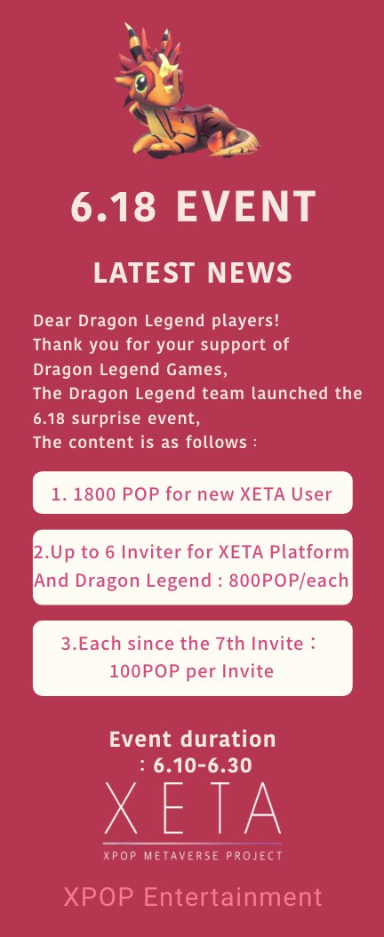XETA_Official's tweet photo. 1/
◆ NOTICE ◆
❖ XETA Official 6.18 Surprise event Announcement ❖
Dear Dragon Legend players!
Thank you for your support of Dragon Legend Games,
The Dragon Legend team launched the 6.18 surprise event, https://t.co/NpfC55LCt8