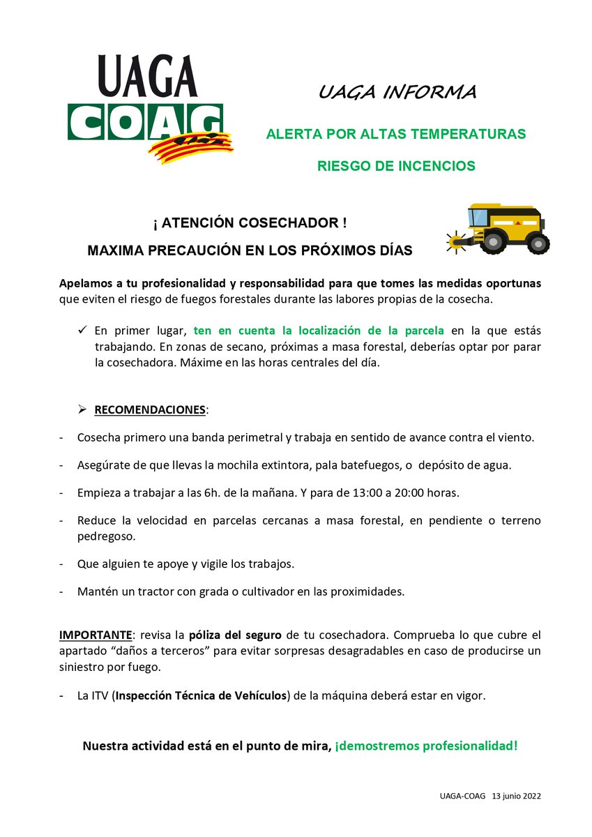 UAGA_COAG's tweet photo. ⚠️⚠️ Si estás cosechando #cereal, consulta nuestras recomendaciones para evitar el riesgo de #incendio.
✅ Por una #cosecha segura https://t.co/m1ohNo3lUJ