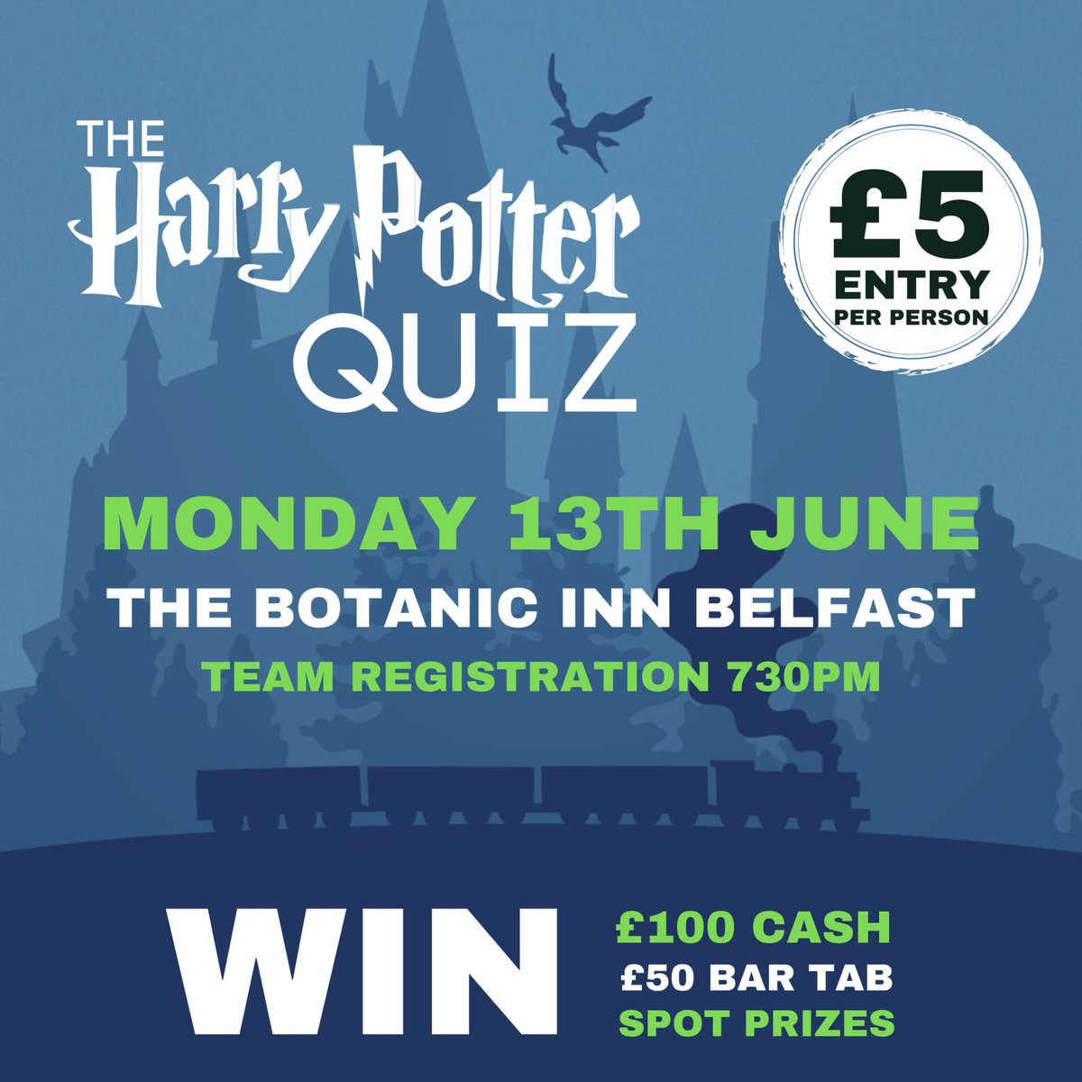 Speedquizzingni's tweet image. ⚡️ TONIGHT 🧙 
➡️ Win £100 Cash Prize + more❗
📍 @BotanicInn 7.30pm
🎟️ Get your tickets now 👇
speedquizzingni.com/tickets

#belfast #botanicinn #pubquiz #SpeedQuizzing #harrypotter #harrypotterquiz  #pubquizbelfast