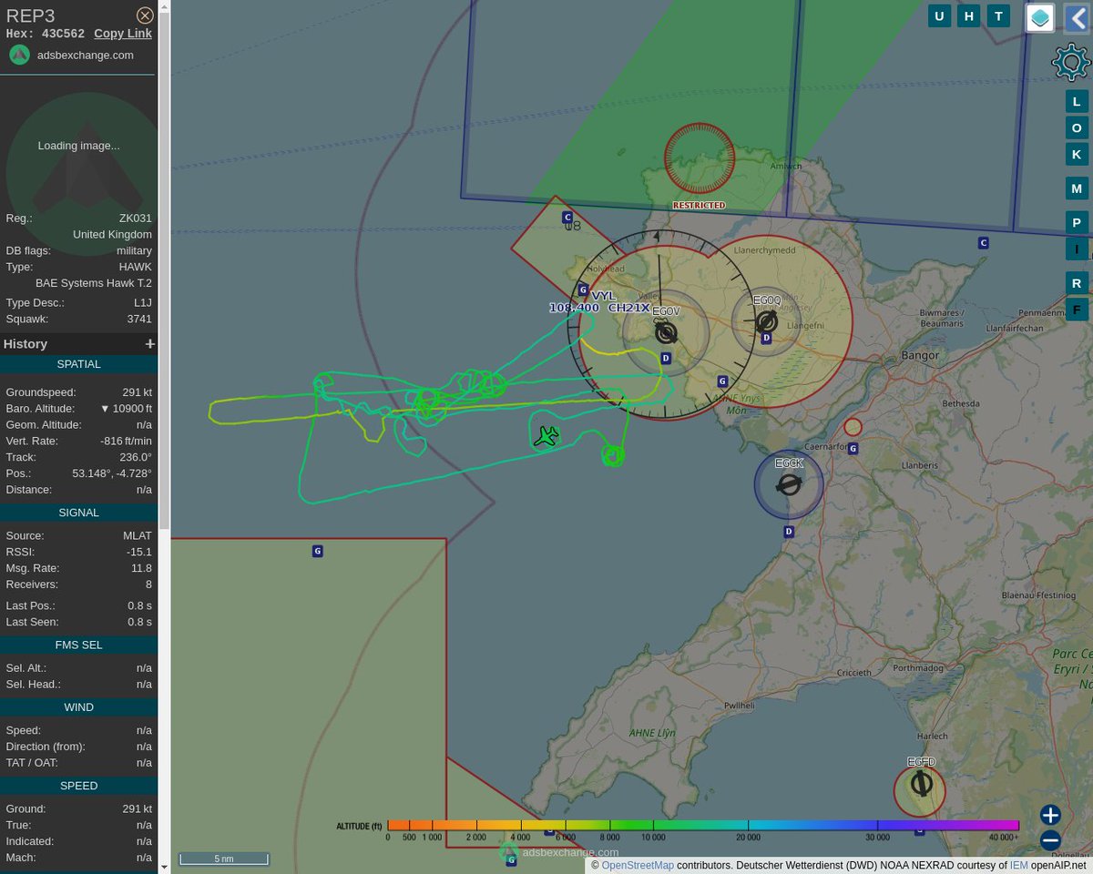 Radar_Assistant's tweet image. MULTI ADSBX MANOEUVRING ALERT : At time Mon Jun 13 12:31:54 2022 #REP3     was likely to be manoeuvring at FL144 8nm from VYL Valley_TACAN_GB
 near Sir Ynys Môn, Cymru / Wales, LL77 7YR, United King #AvGeek #ADSB globe.adsbexchange.com/?icao=43C562&amp;amp;z…