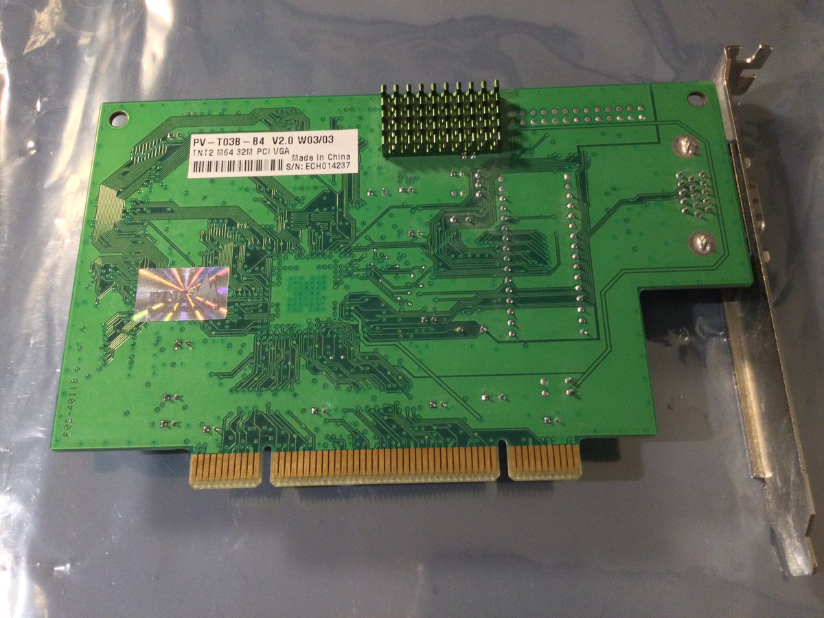 gordoslair's tweet photo. Nvidia TNT2 M64 32meg Graphic card. Pine Technology branded. 1999. PCI version. #NVIDIA #GPUJune2 #VGA I should really do something with this card. It’s picky with Windows drivers on early Socket 7 boards. Intel chipsets are ok and MSDOS. https://t.co/rUfA1BRZHD