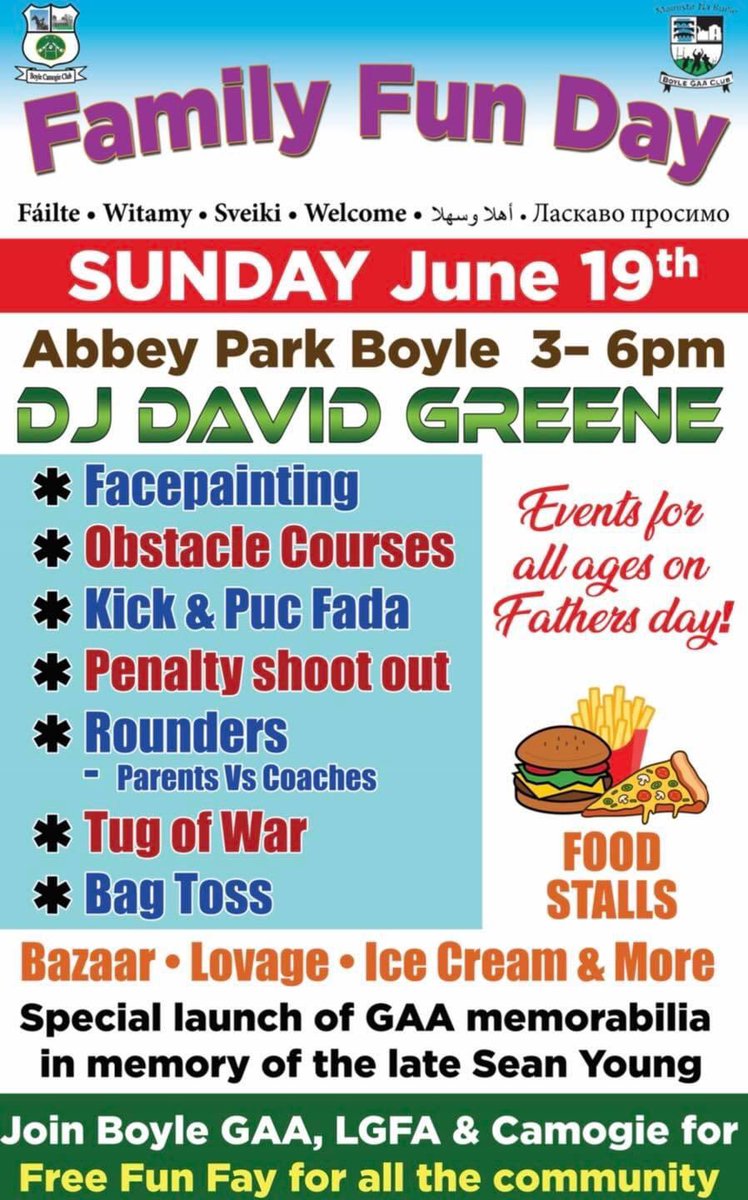 BoyleGAA's tweet photo. Boyle GAA in collaboration with Boyle LGFA and Boyle Camogie are hosting a family fun day next Sunday, June 19 starting at 3pm. Activities include cic fada, puc fada, rounders, a penalty shoot out and lots more. Looking forward to seeing you all there! #gaa #Funday https://t.co/uSPn9bmuXA