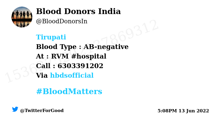 BloodDonorsIn's tweet image. #Tirupati
Need #Blood Type :  AB-negative
Blood Component : blood
Number of Units : 4
Primary Number : 6303391202
Patient : Sashikala
Illness : pregnancy
Via: @hbdsofficial
#BloodMatters
Powered by Twitter