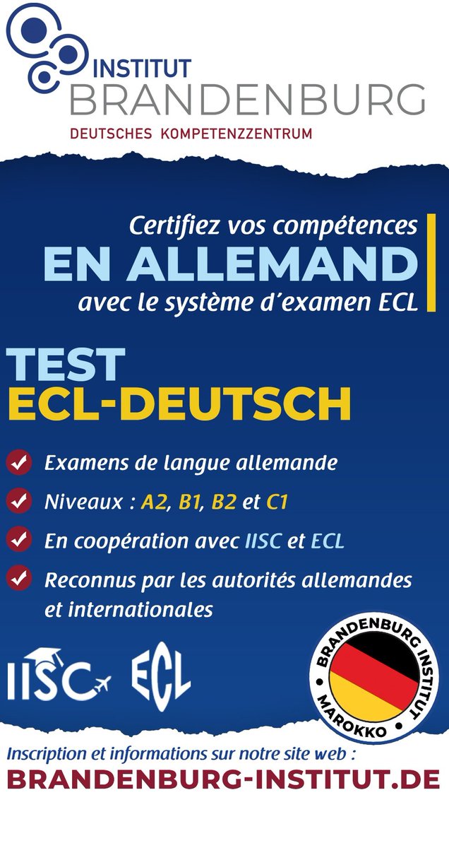 BrandenburgInst's tweet photo. Inscriptions ouvertes pour le test d'allemand B1 et B2, respectivement le 16 et 17 août 2022 à Rabat .... Test ECL-Deutsch en collaboration avec IISC https://t.co/jDcDuL7Gqz
Plus d'info : +222 777 65 65 65 ou info@brandenburg-institut.de
#iiscteam #ecl #brandenburginstitut https://t.co/jp5fwkerQh