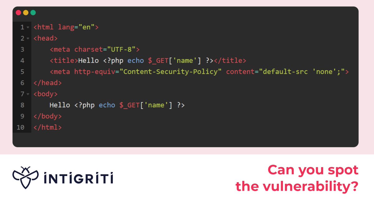 intigriti's tweet photo. Can you spot the vulnerability? 🤷‍♂️

We'll give out a €25 swag voucher to the most comprehensive answer! 👕

Note: Mind the CSP 😎
P.S: Want your code snippet featured? DM us! ✉️ https://t.co/ppn53wSQRb