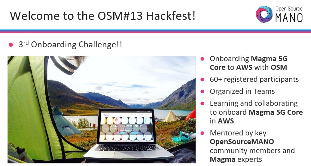 OpenSourceMANO's tweet image. Ready for the #OSMhackfest with @samcmgl and @mamazurPL launching the latest OSM Onboarding Challenge: #Onboarding #Magma #5G Core to #AWS with #OSM !! Stay tuned for the videos, good luck to all teams !! 
osm.etsi.org/wikipub/index.…
#NFV #5G #opensource #cloudnative #orchestration
