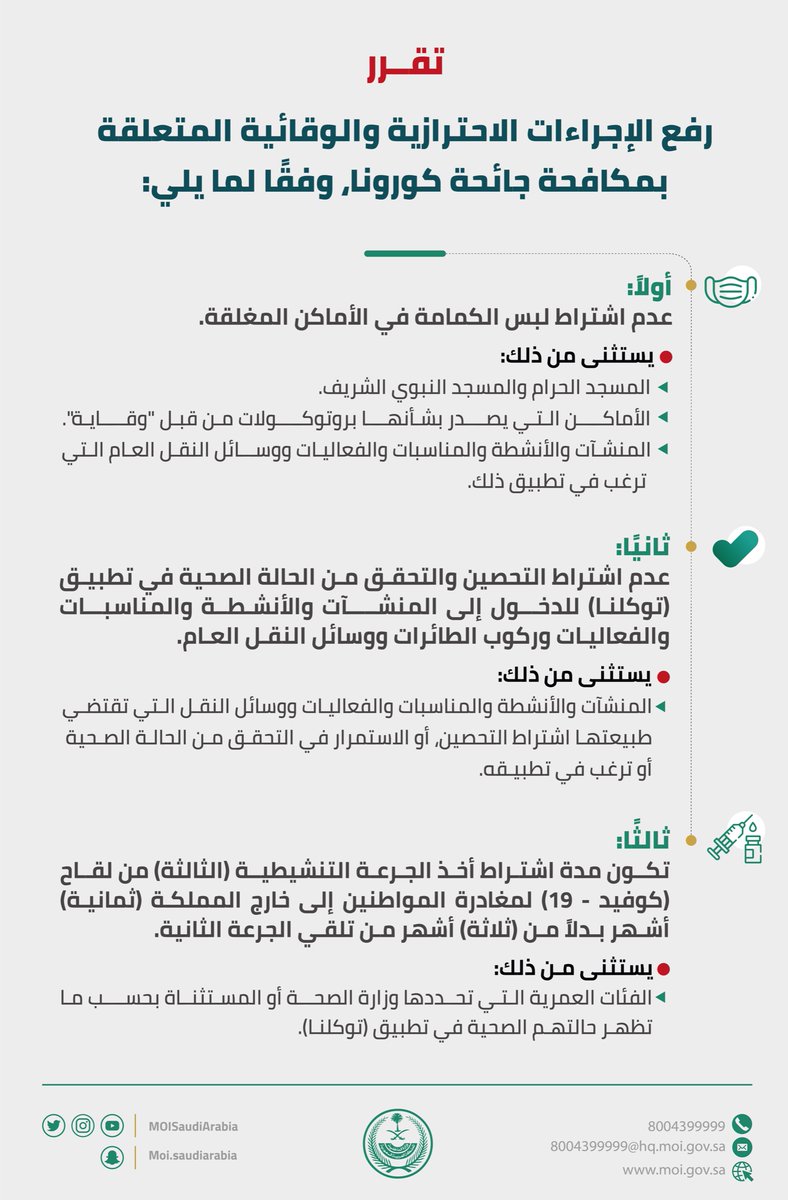 MOISaudiArabia's tweet image. رفع الإجراءات الاحترازية والوقائية المتعلقة بمكافحة جائحة كورونا.