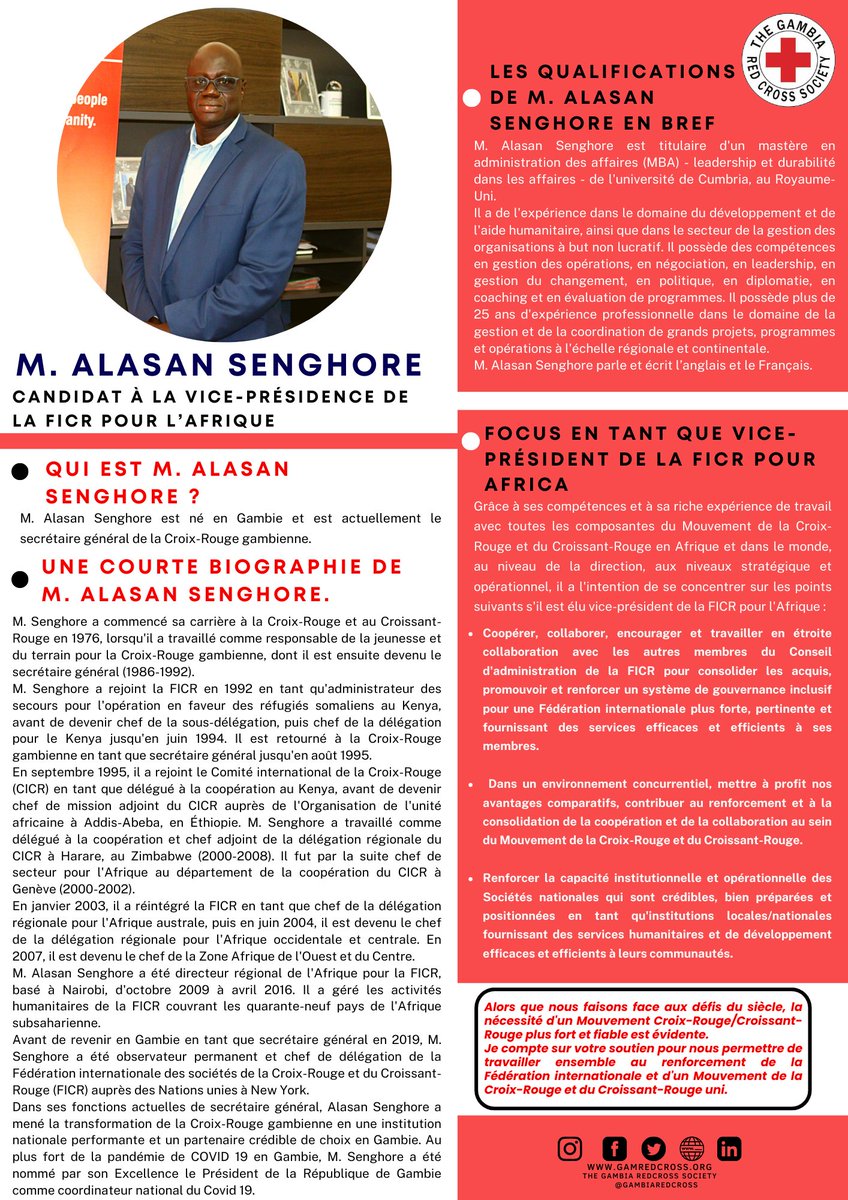 GambiaRedCross's tweet photo. Nous présentons M. Alasan Senghore comme candidat au poste de Vice-président.

Tout au long de sa carrière, M. Senghore a touché presque le cœur de chaque société nationale avec son approche de pensée durable pour les aider à répondre à la crise humanitaire. https://t.co/RfLHuzhYB4