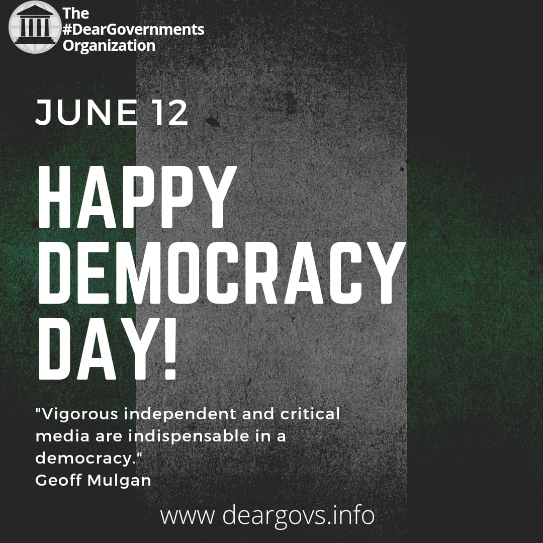 The #DearGovernments Organization celebrates with our Community and Stakeholders in Nigeria as the nation celebrates its Democracy day.

Happy Democracy Day Nigeria!
#Nigeria #DemocracyDay #JuneTwelve #Democracy #Freedom #FOI #InternetGovernance #OpenInternetAdvocacy #GeoffMulgan
