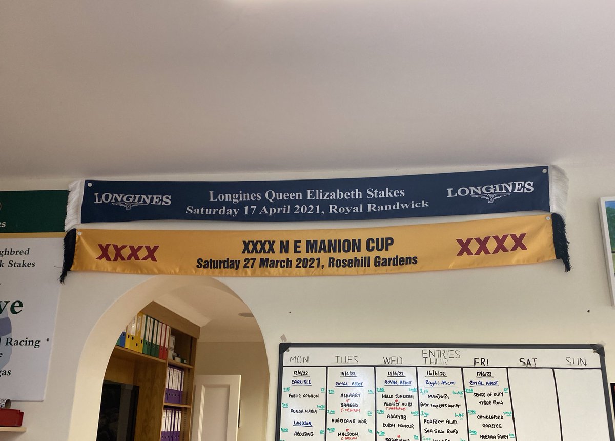 kierstenduke's tweet photo. You love to see it! #Addeybb’s G1 Longines Queen Elizabeth Stakes winning banner pinned up in the office at Somerville Lodge @WilliamHaggas https://t.co/4JfxYcevbV