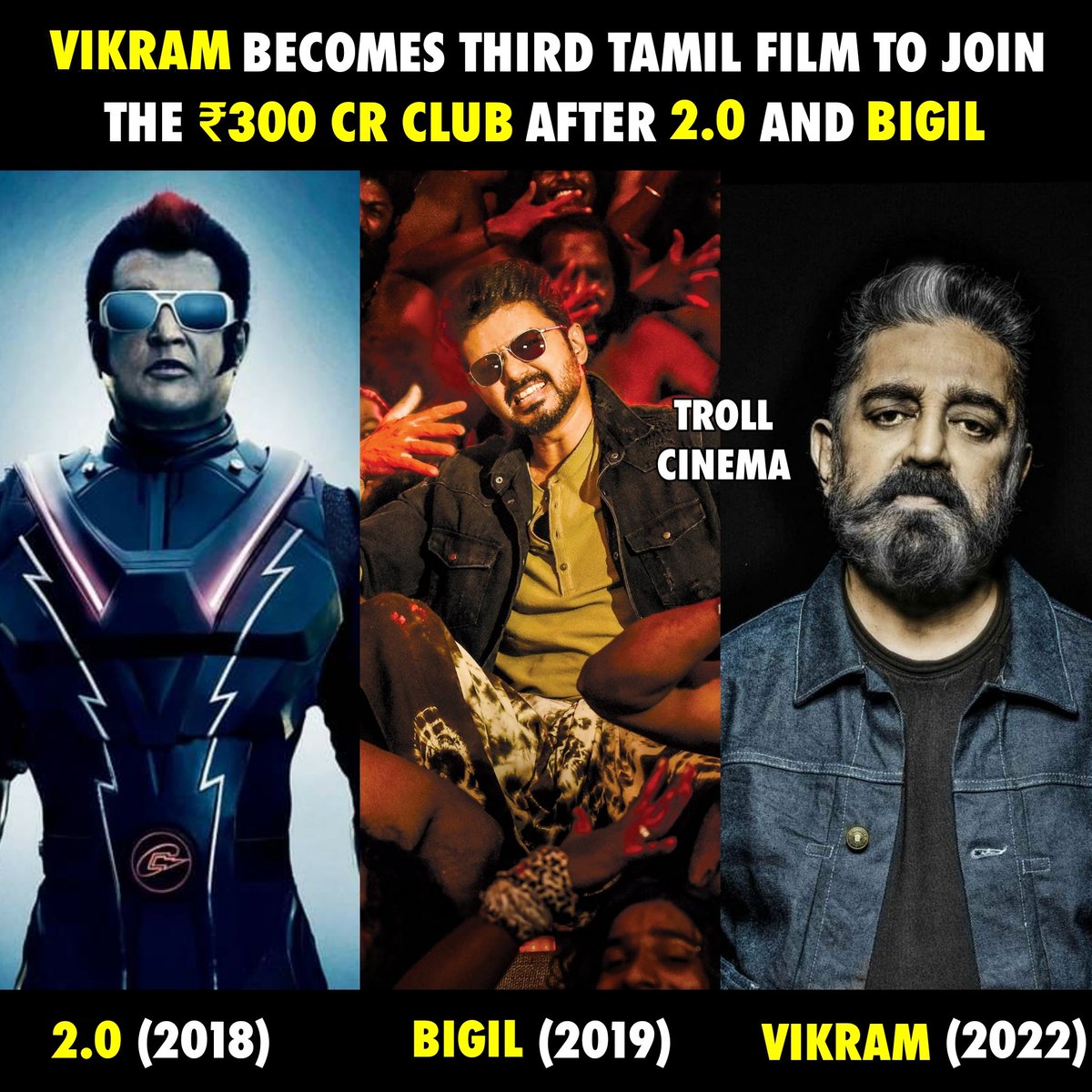 Troll_Cinema's tweet photo. After #Rajinikanth and #ThalapathyVijay, @ikamalhaasan joins the Kollywood's ₹300 cr club with #Vikram !!

#2Point0 #Bigil https://t.co/ScoMOtu7Ok