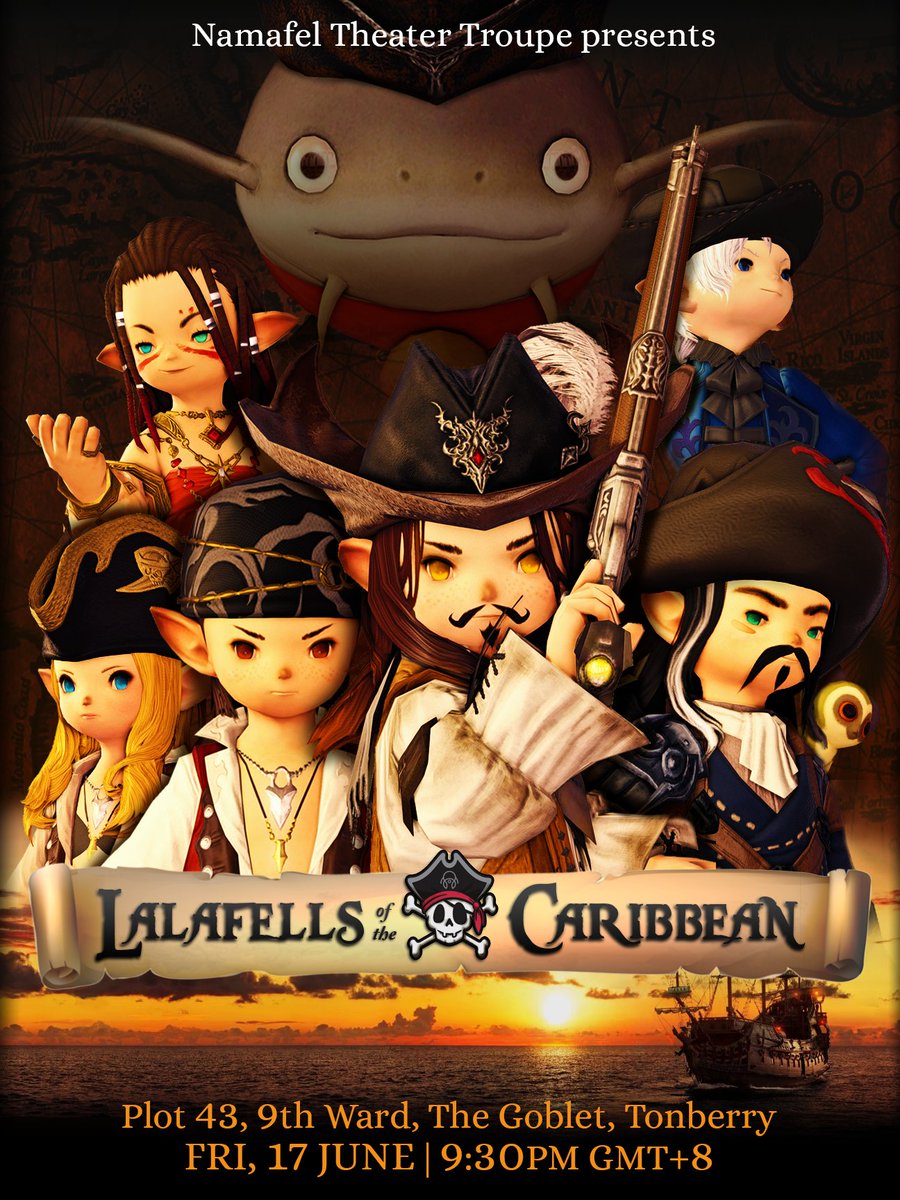 Namafel_'s tweet photo. Finally!
After lengthy preparations beginning in April..
We are going to attempt a full length in-game theatre show! We hope you all enjoy!

Presenting:
Lalafells of Caribbean
Friday 17th June - 21:30 GMT+8
Tonberry, Goblet W9P43

See you soon!
#Namafel #FFXIV #ElementalRP https://t.co/u6eocFkoWg