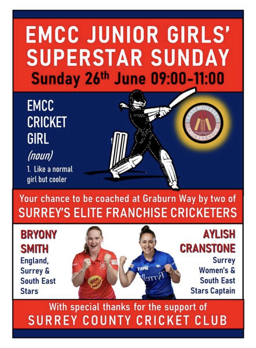 EMCC Junior Girls’ Superstar Sunday! We are thrilled that Surrey cricketers <a href="/BrySmith97/">Bryony Smith</a> and <a href="/AylishCranstone/">Aylish</a> will be coaching EMCC girls on Sunday 26th June. A memorable opportunity for our thriving girls’ section.